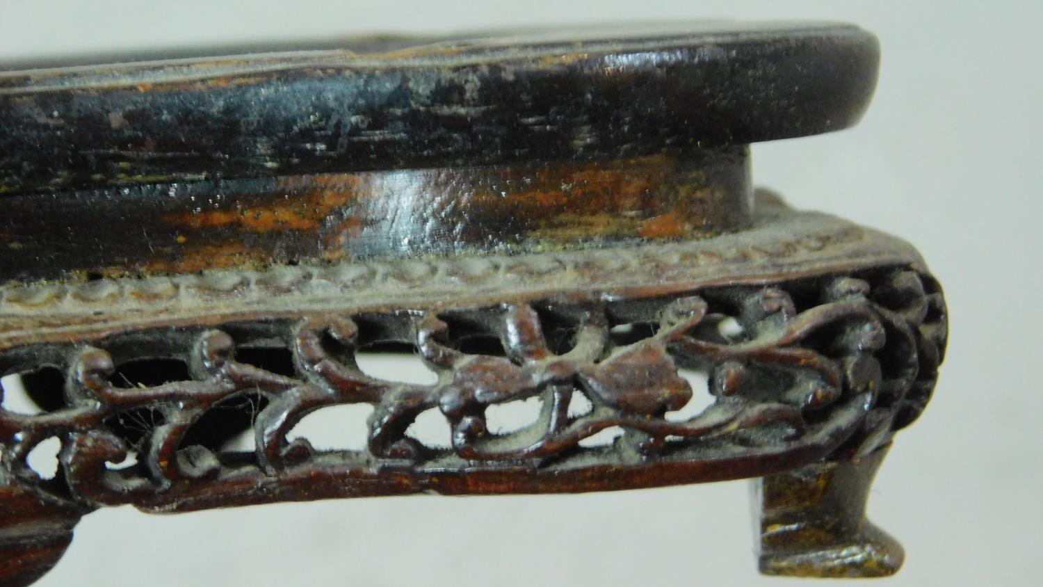 A 20th century Chinese carved serpentine jade water buffalo on a footed pierced carved hardwood - Image 7 of 8