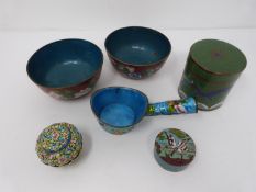 A collection of six Chinese and Japanese enamel pieces. Including a Canton enamel scalloped box, a