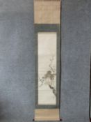 After Ishekura Takemura, Japanese ink wash on paper, sparrows on a branch by a bird's table, signed.