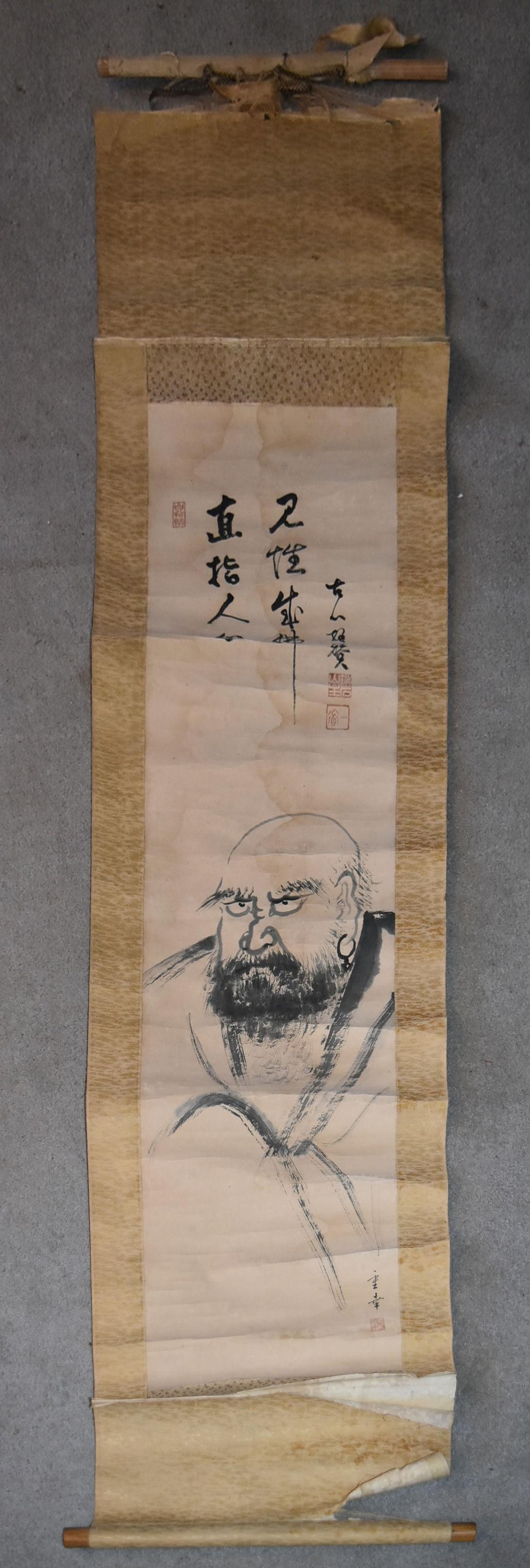A Japanese mounted scroll, ink on paper with silk borders, male portrait, calligraphy with artist'