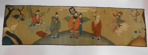 A late 19th/early 20th century Chinese Kesi weave silk embroidery and ink narrative panel. Depicting