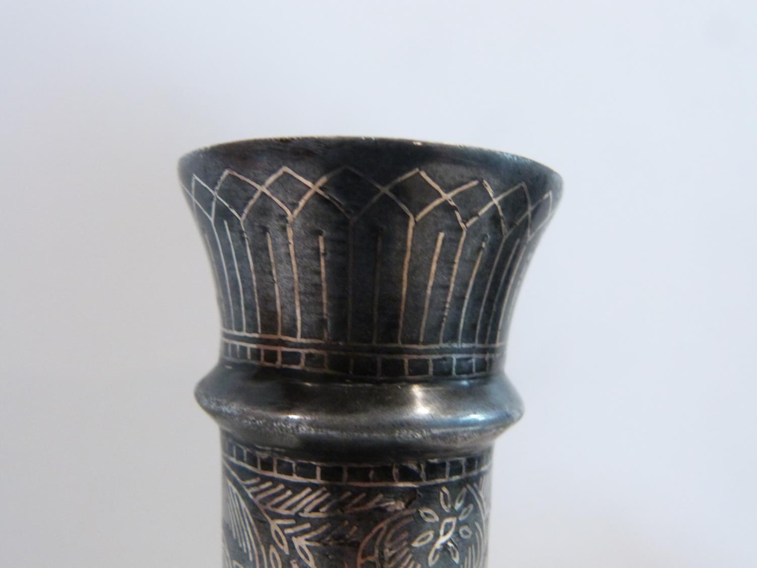 A 19th century Persian white metal inlaid Bidri Ware bottle vase with a stylised floral, foliate and - Image 6 of 12