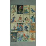 A collection of sixteen Meiji period Japanese illustrated woodblock books. All have coloured covers.