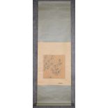 A Japanese mounted scroll, watercolour sketch on silk, foliate and floral composition. L.112x36cm