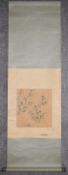 A Japanese mounted scroll, watercolour sketch on silk, foliate and floral composition. L.112x36cm