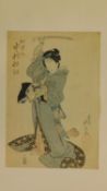 A Japanese wood block print of a warrior with a ketana. With artist's seal mark. 34x23.