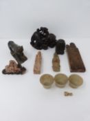 A collection of Chinese soapstone and other items. Including a brass weight in the form of a boy,