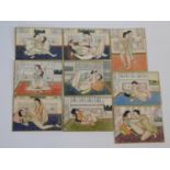 A set of nine early 20th century Indian hand painted miniatures on ivory depicting various erotic