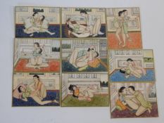 A set of nine early 20th century Indian hand painted miniatures on ivory depicting various erotic