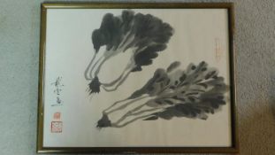 A framed and glazed study of Chinese cabbage in the style of Qi Baishi (1863-1957). Artists seal