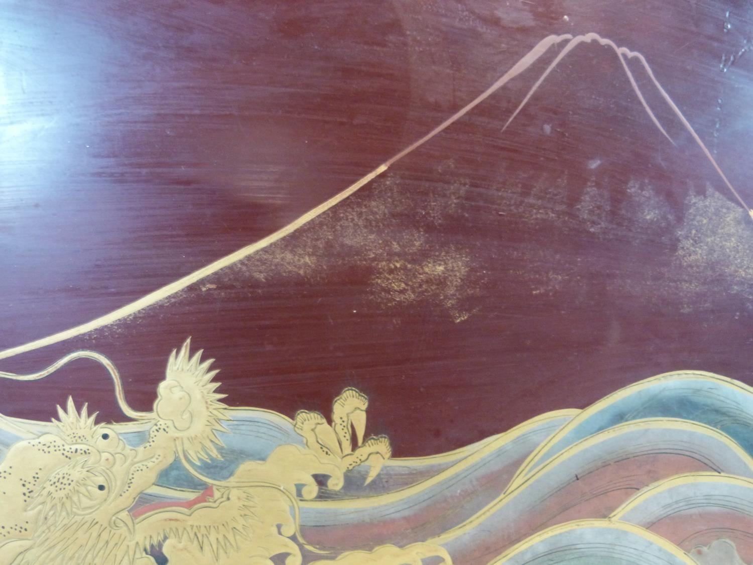 A Meji period Japanese gilded lacquer painted tray. Depicting a dragon among the waves with Mount - Image 3 of 13