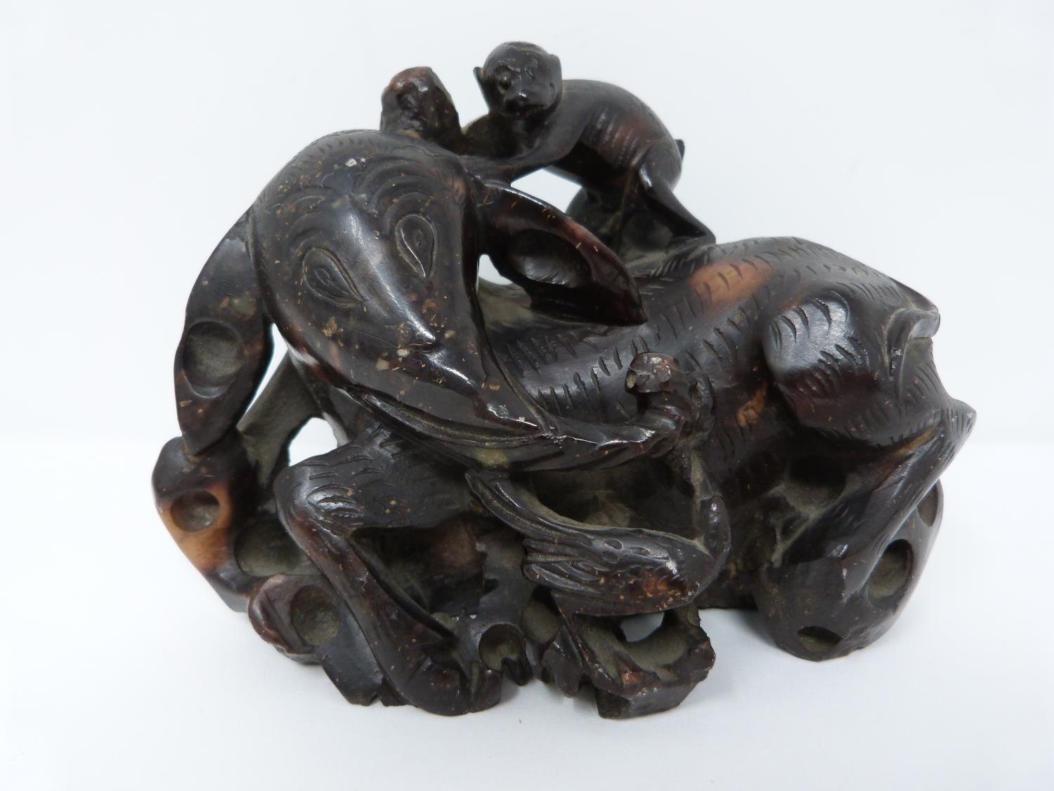 A collection of Chinese soapstone and other items. Including a brass weight in the form of a boy, - Image 2 of 21