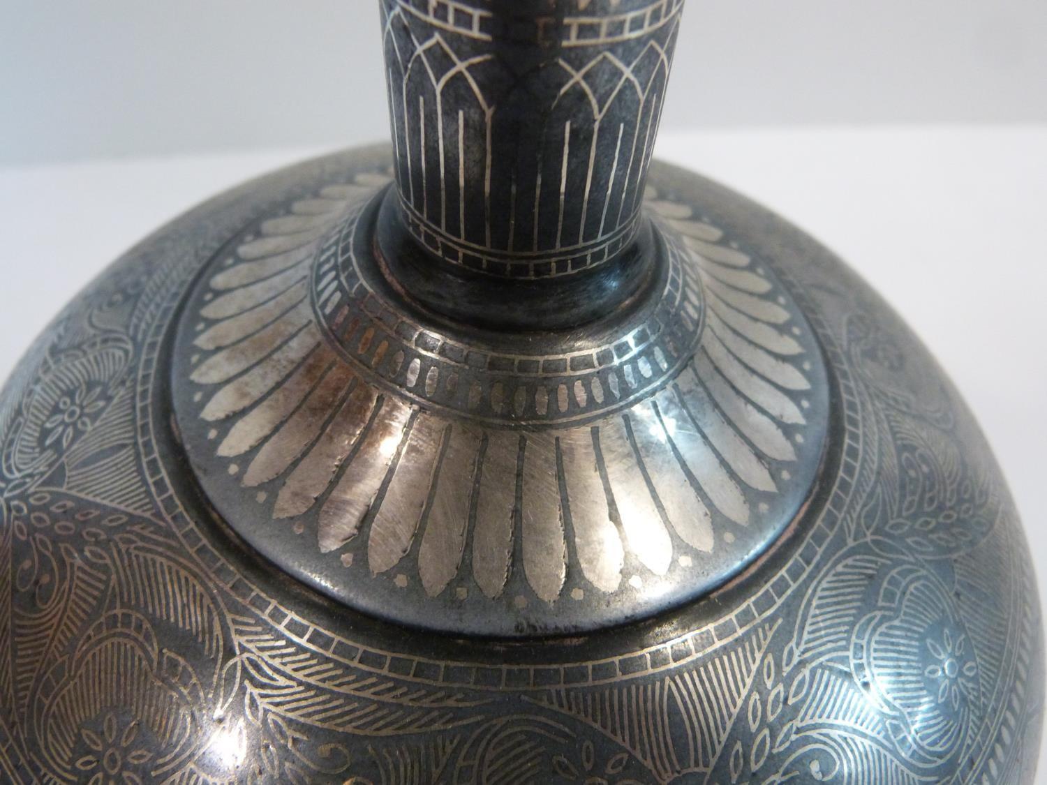 A 19th century Persian white metal inlaid Bidri Ware bottle vase with a stylised floral, foliate and - Image 12 of 12