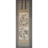 A Japanese mounted scroll, ink and watercolour wash on paper, ancient fortified settlement in a