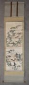 A Japanese mounted scroll, ink and watercolour wash on paper, ancient fortified settlement in a