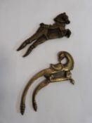 Two Asian brass betel nut crackers/cutters. One in the form of a horse and the other a bird.