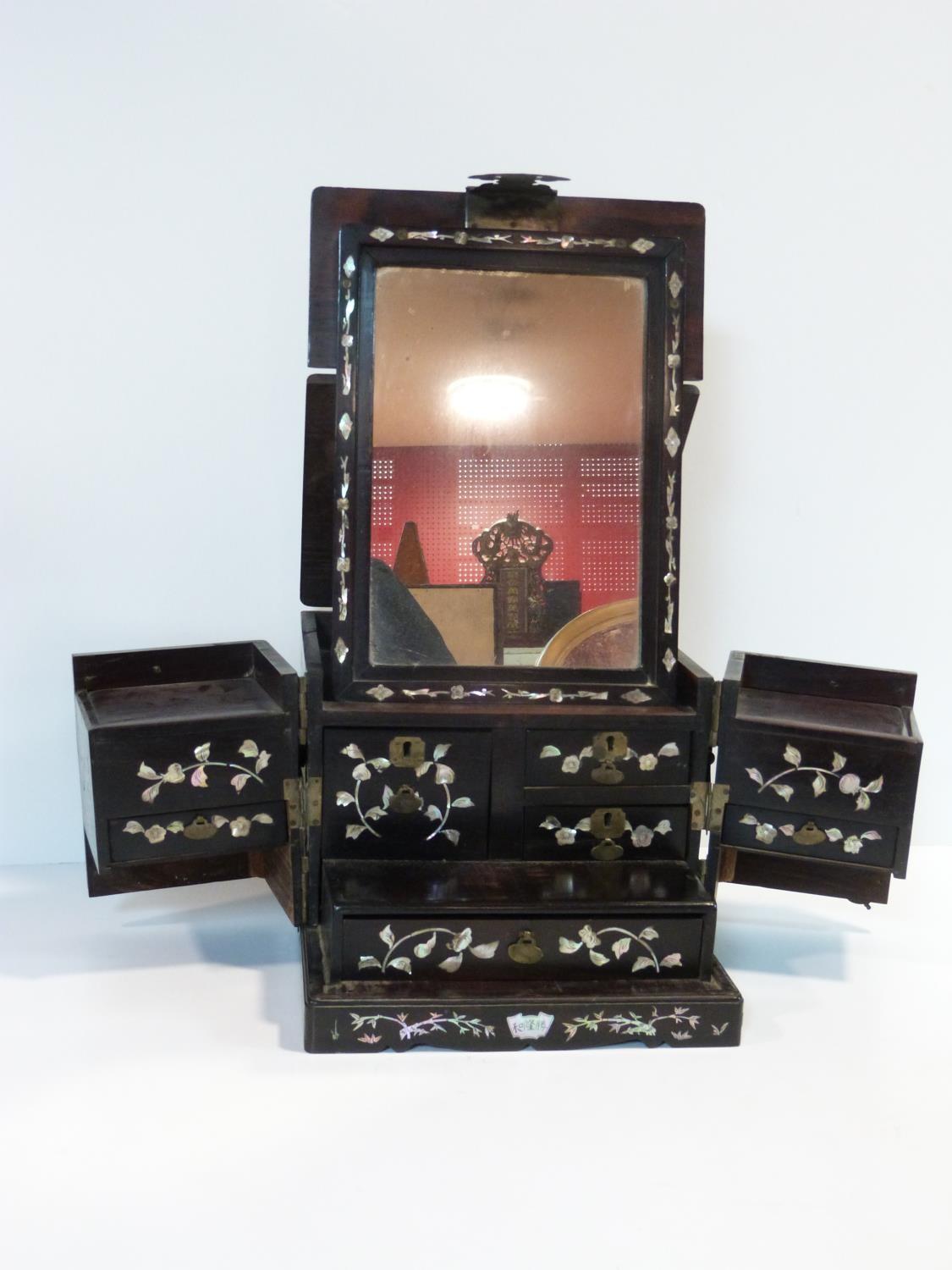 A 19th century Chinese rosewood travelling vanity box decorated with inlaid mother of pearl figures, - Image 2 of 22
