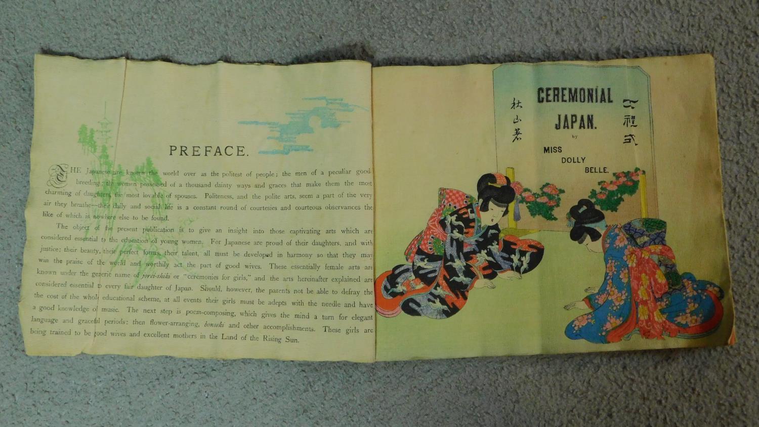 A Meji period Japanese hand coloured crepe paper book. Titled 'Ceremonial Japan' by Miss Dolly - Image 2 of 6