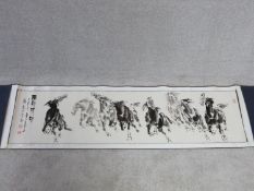 A 20th century Chinese mounted scroll painting in the style of Xu Beihong, ink on paper depicting