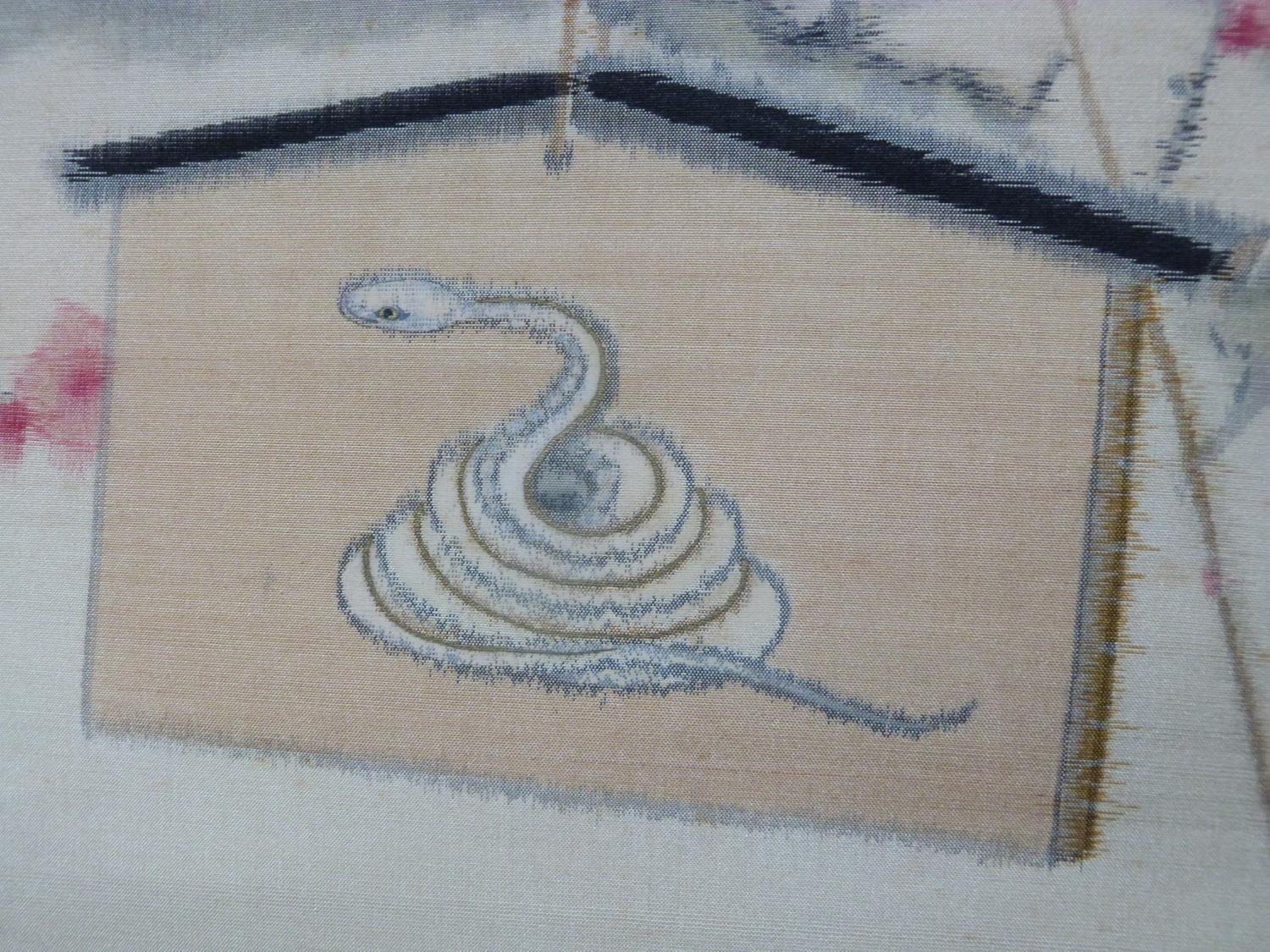 A Japanese mounted scroll, silk painting, coiled snake embroidery and cherry blossom, signed. - Image 9 of 16