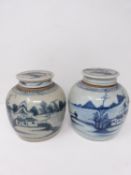 Two Qing dynasty blue and white ceramic glazed ginger jars with lids. Decorated with a village scene