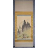 A Japanese mounted scroll, watercolour on paper, house in a mountainous landscape in silk floral