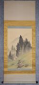 A Japanese mounted scroll, watercolour on paper, house in a mountainous landscape in silk floral