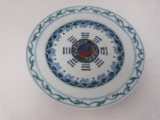 A Doucai style saucer dish with central yin-yang motif and stylised wave and scale design. Six