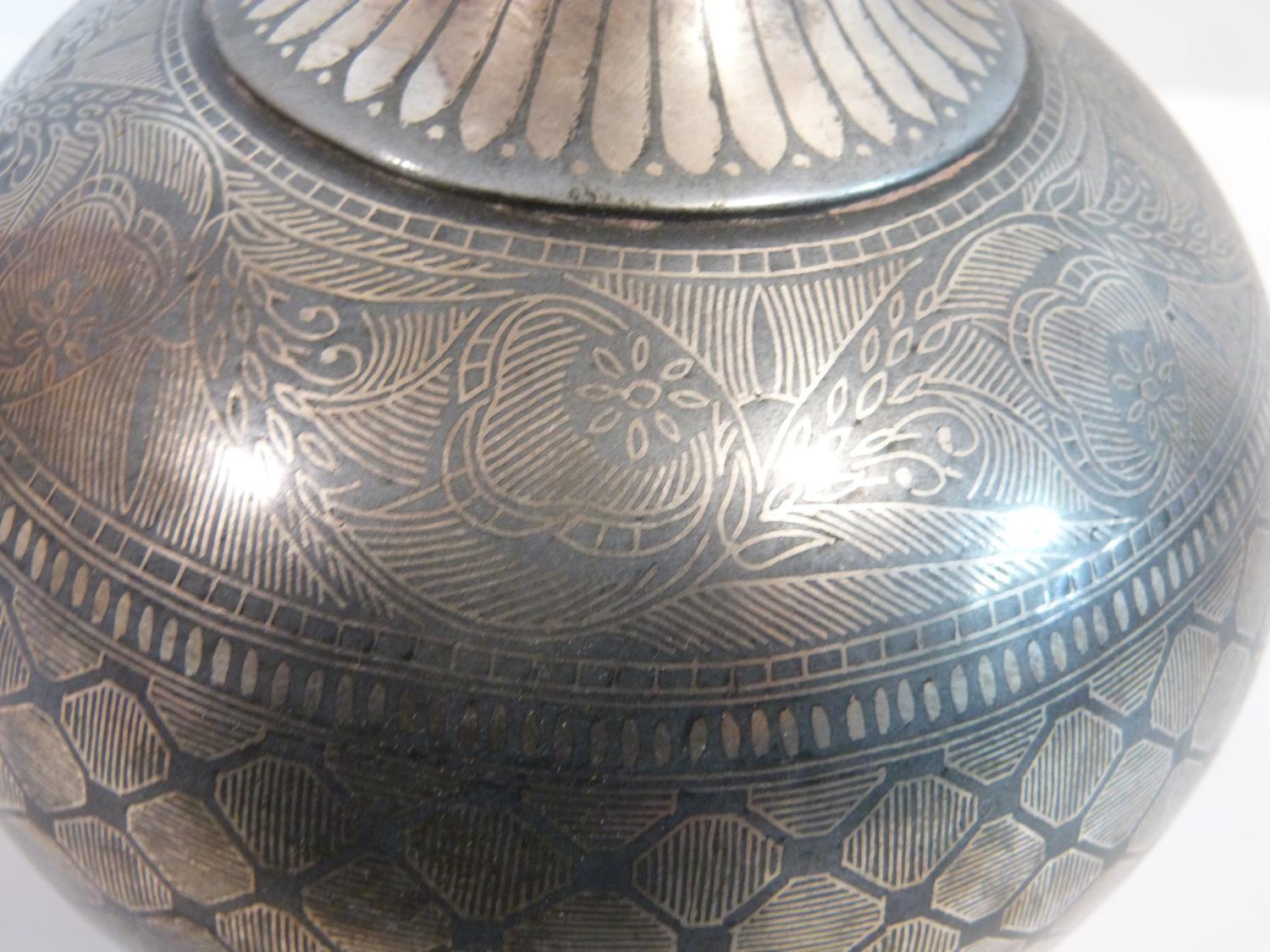 A 19th century Persian white metal inlaid Bidri Ware bottle vase with a stylised floral, foliate and - Image 9 of 12