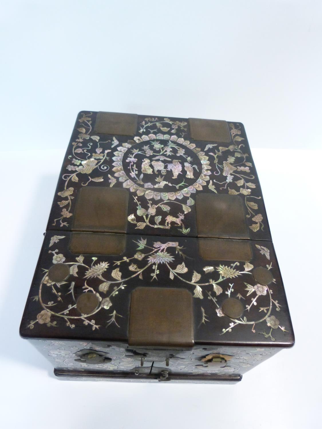 A 19th century Chinese rosewood travelling vanity box decorated with inlaid mother of pearl figures, - Image 3 of 22