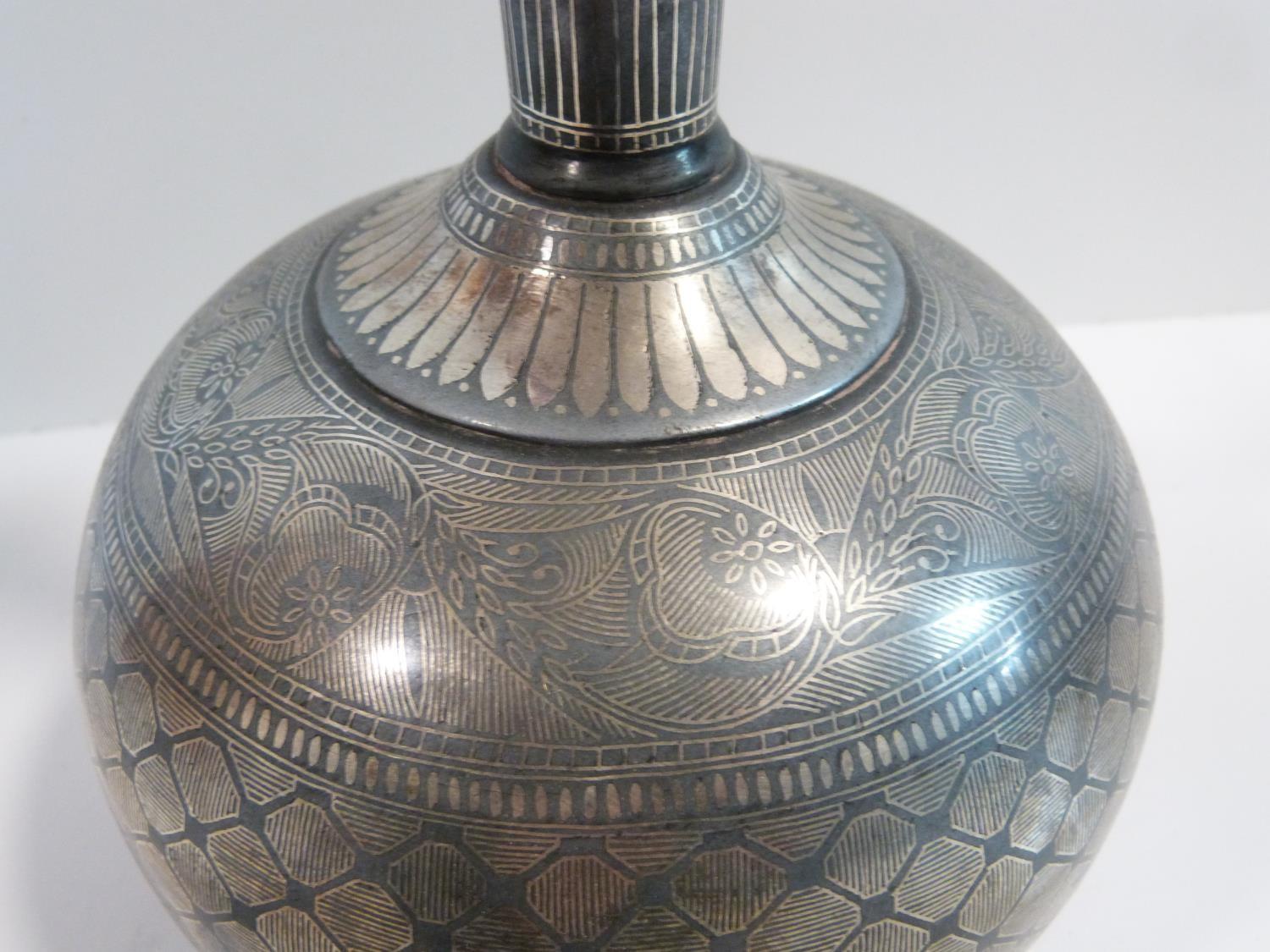 A 19th century Persian white metal inlaid Bidri Ware bottle vase with a stylised floral, foliate and - Image 3 of 12