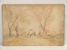 A 19th century Japanese watercolour on paper of figures in a cherry blossom avenue with an