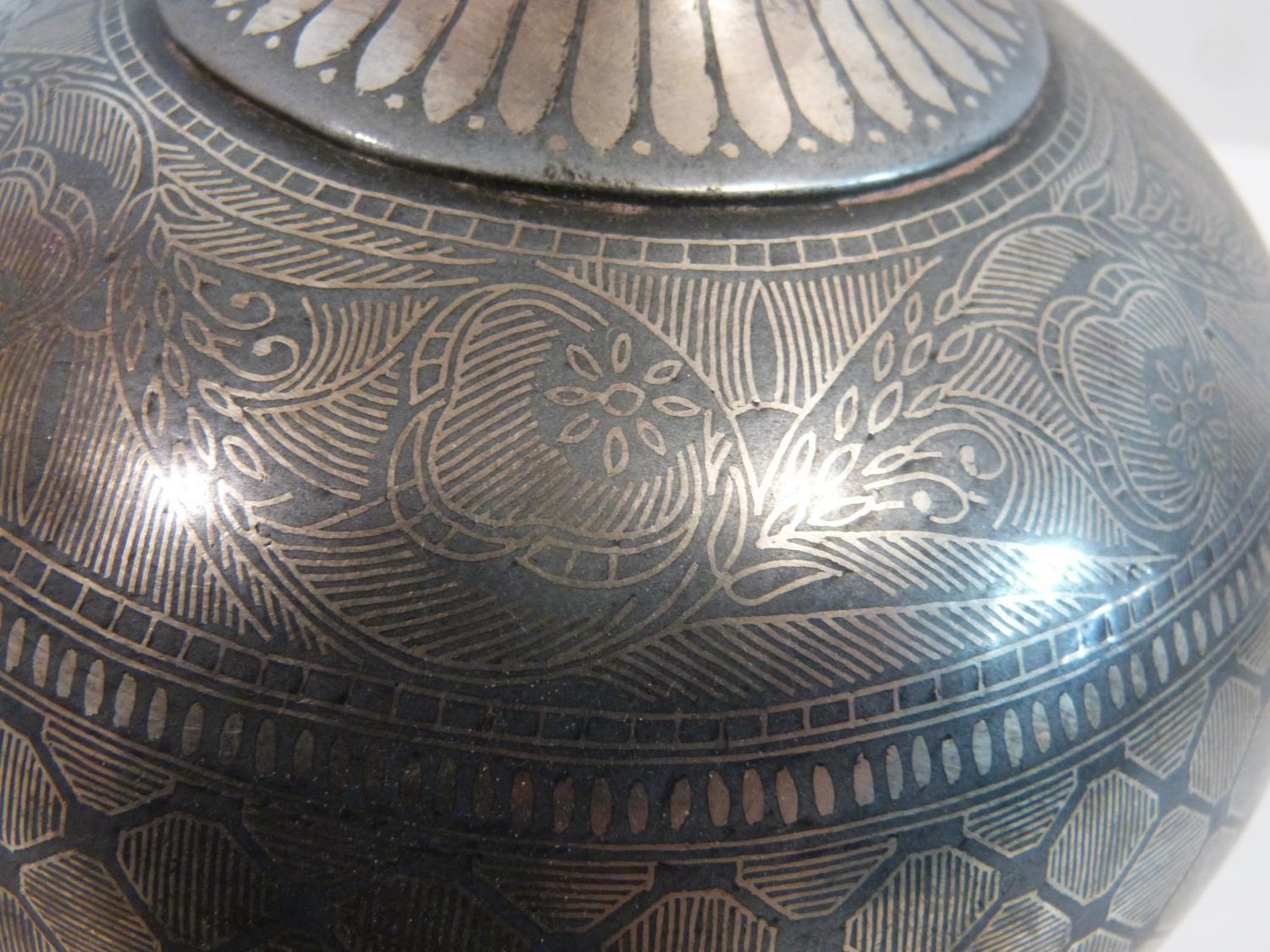 A 19th century Persian white metal inlaid Bidri Ware bottle vase with a stylised floral, foliate and - Image 10 of 12