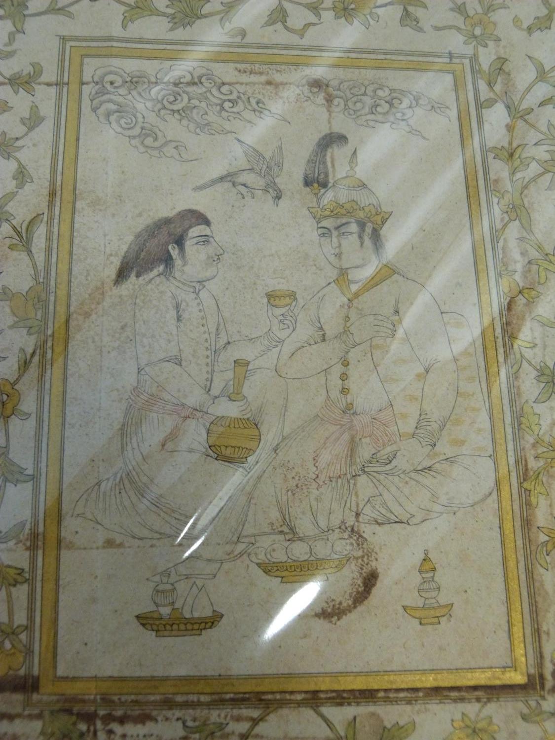 A 19th century Persian Safavid style miniature painting on parchment depicting a servant offering - Image 2 of 4