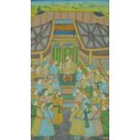 A late 19th century/early 20th century Indo-Persian gouache on parchment of a court scene. 72x111cm