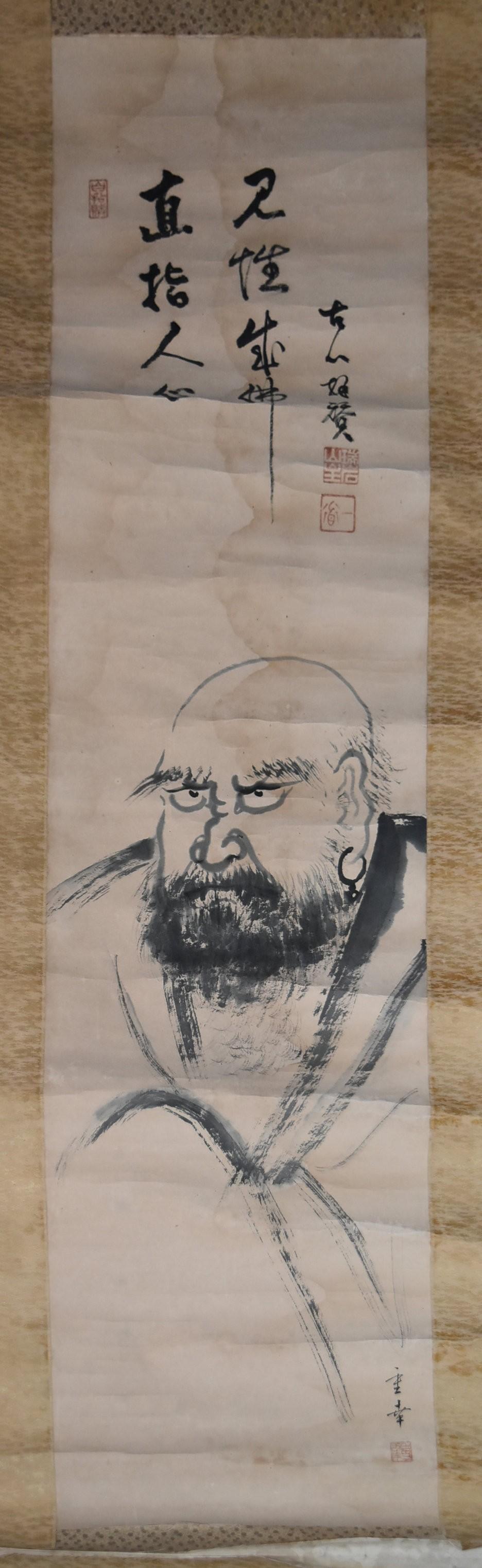 A Japanese mounted scroll, ink on paper with silk borders, male portrait, calligraphy with artist' - Image 2 of 4