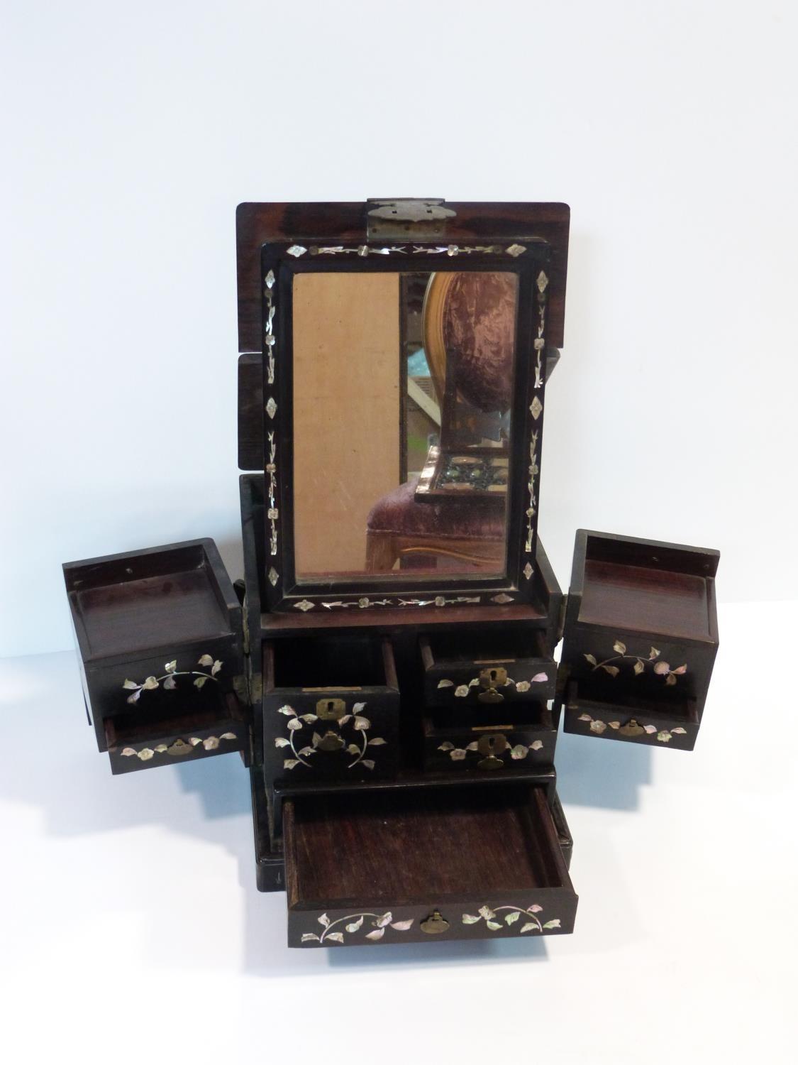 A 19th century Chinese rosewood travelling vanity box decorated with inlaid mother of pearl figures, - Image 4 of 22