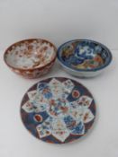 A collection of Meji period hand painted porcelain. Including a blue and white bowl with various