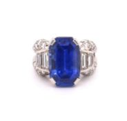 A 1950s Vintage sapphire and diamond ring mounted in platinum. French. Circa 1960. The central