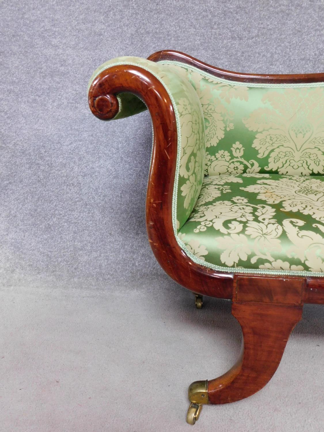 A small Regency mahogany framed scroll arm sofa in newly upholstered emerald floral damask raised on - Image 3 of 5