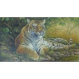 Kim Brooks (B.1936) A gilt framed oil on canvas, a Bengal Tiger reclining in the sun, signed with
