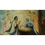 An unframed oil on canvas, the birth of Christ attended by angels, unsigned. 87x134cm