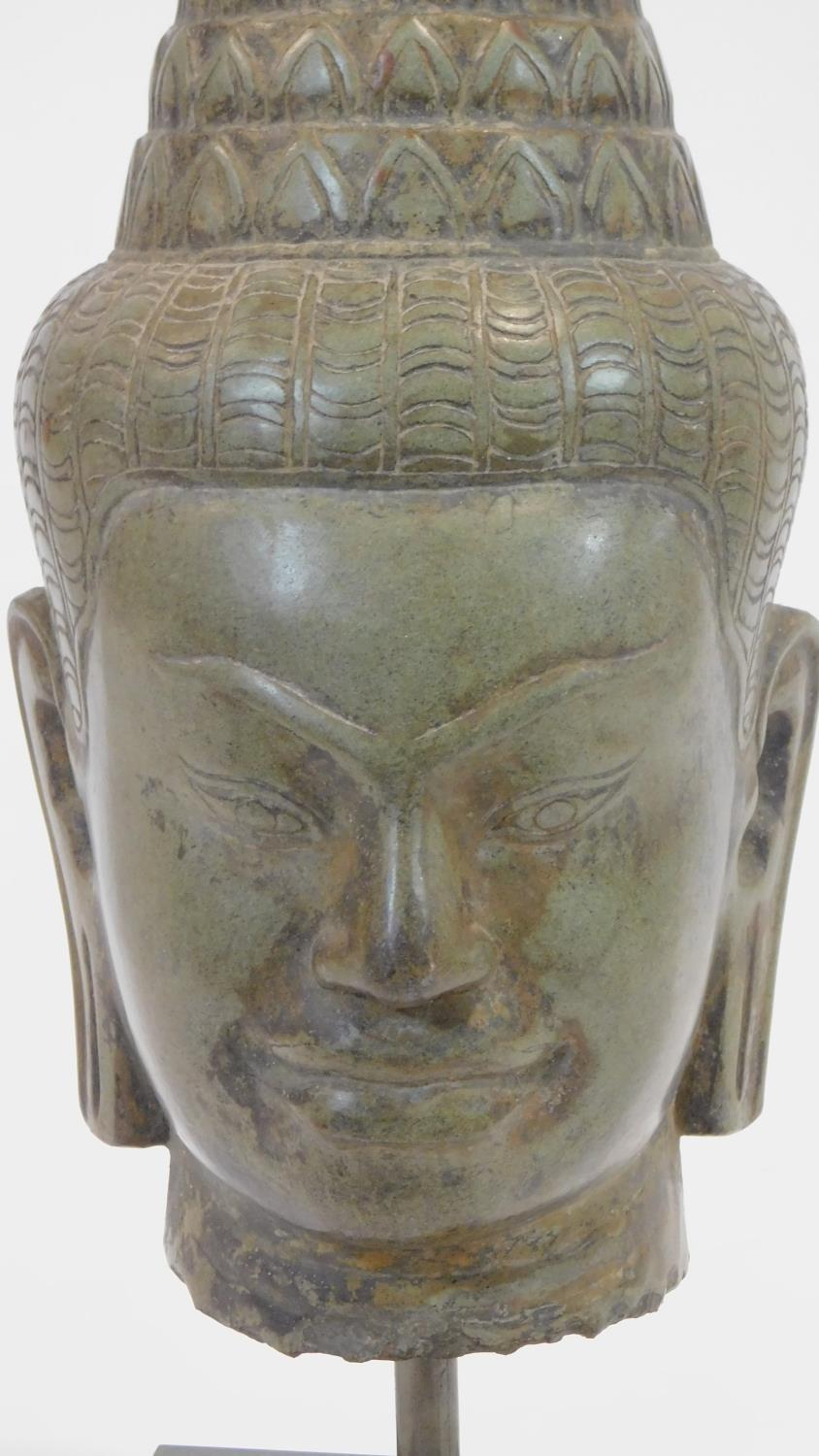 A Southeast Asian carved hardstone head of Vishnu with serene face, open eyes, elongated earlobes, - Image 4 of 6