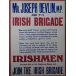 A framed and glazed WW1 Mr Joseph Devlin M.P. Irish Brigade poster by Hely's Ltd, Dublin. 53x40cm