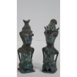 Two Ashanti bronze seated figures with tribal head dresses. H.15cm