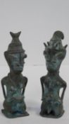 Two Ashanti bronze seated figures with tribal head dresses. H.15cm