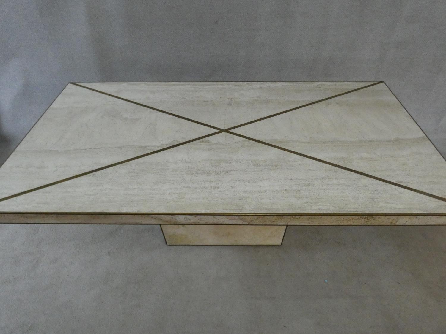 A brass bound travertine marble dining table on pedestal base. H.74xW.181xL.90cm - Image 3 of 13