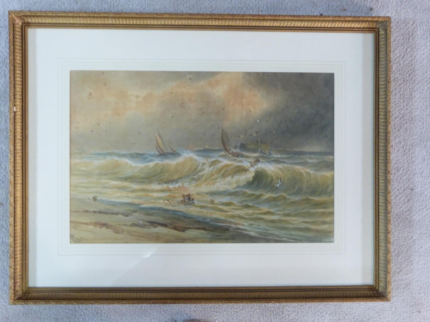 A framed and glazed 19th century watercolour, boats in a storm, by John H. Bland. 77x92cm - Image 2 of 5