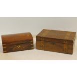 A 19th century Tunbridge inlaid walnut jewellery box and an Eastern brass inlaid domed top box. H.12