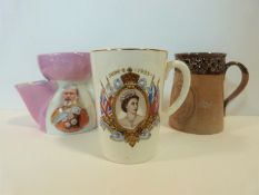 A Doulton Lambeth mug to commemorate Queen Victoria's diamond jubilee, an Edward VII shaving mug and